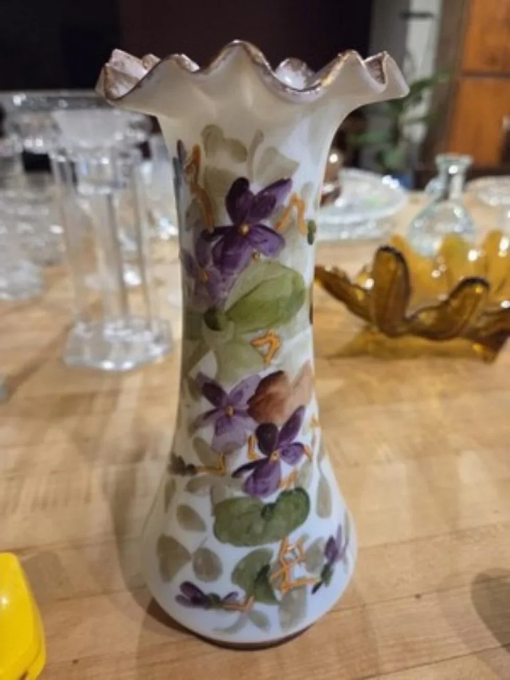 Antique Victorian Bristol Glass Vase, Hand-Painted, Ruffled Top, Rough Pontil